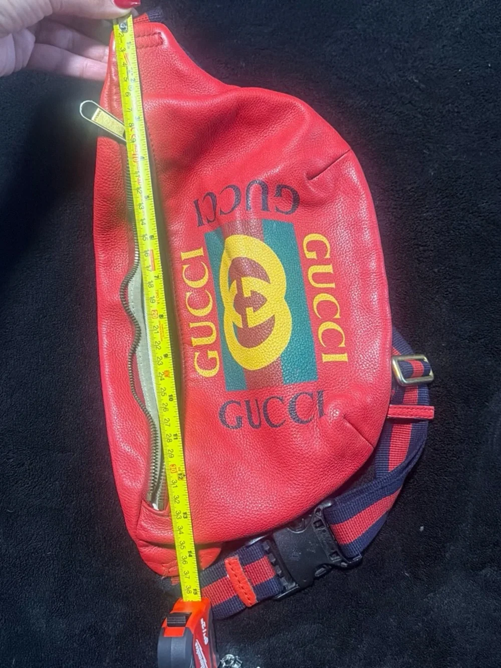 Gucci Red Leather Logo Belt Bag with Striped Strap